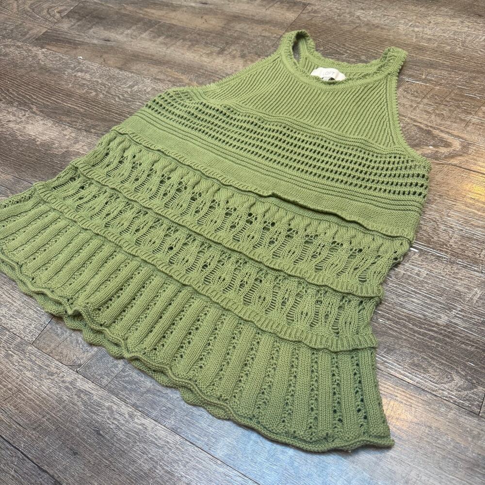 LOFT Textured Pointelle Sweater Tank Top Olive Green Crochet Knit size Medium - Picture 2 of 7